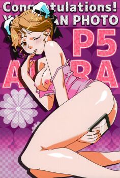 1girl arm_between_legs ass bare_shoulders blush breasts breasts_out brown_eyes brown_hair bun_cover double_bun feet_out_of_frame hair_bun hayasaka_akira highres holding licking_own_finger medium_breasts nipples non-web_source official_art one_eye_closed short_hair solo strap_slip super_real_mahjong tanaka_ryou tongue tongue_out