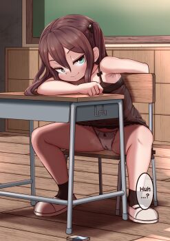 1girl aqua_eyes armpit_hair armpits bare_legs bare_shoulders black_dress black_socks blush brown_hair cameltoe chair classroom desk dress elbow_rest eraser exhibitionism female_focus full_body hair_between_eyes hair_bobbles hair_ornament half-closed_eyes hard-translated highres indoors lemon_snail loli long_hair looking_at_viewer on_chair one_side_up original paid_reward_available panties public_indecency school_chair school_desk shoes sidelocks sitting sleeveless sleeveless_dress smile socks solo spaghetti_strap spread_legs thighs third-party_edit underwear uwabaki white_panties wooden_floor