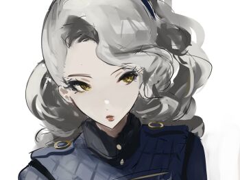 1girl blue_eyeshadow blue_shirt closed_mouth eyeshadow facing_viewer highres k1kiwa looking_to_the_side makeup margaret_(persona) persona persona_4 portrait shirt simple_background solo wavy_hair white_background white_hair yellow_eyes