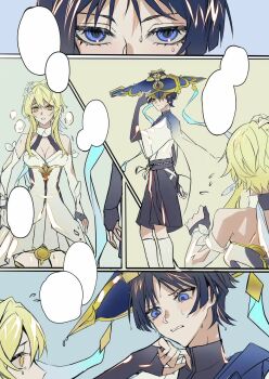 1boy 1girl arm_cutout arms_at_sides bare_shoulders belt black_belt black_bridal_gauntlets black_corset black_gloves black_hair black_shorts blank_speech_bubble blonde_hair blue_cape blue_feathers blue_hat blunt_ends blush breasts bridal_gauntlets cape choppy_bangs cleavage closed_mouth clothing_cutout corset detached_sleeves dress eyelashes feather_hair_ornament feathers flower flying_sweatdrops furisode genshin_impact gloves gold gold_ring hair_flower hair_ornament hakama hakama_shorts halterneck hand_up hat hat_over_one_eye highres hip_vent japanese_clothes jingasa kimono kneehighs large_breasts looking_at_another looking_at_viewer lumine_(genshin_impact) middle_ring open_mouth partially_fingerless_gloves peacharun pleated_shorts purple_eyes rope scaramouche_(genshin_impact) scarf short_hair short_hair_with_long_locks short_sleeves shorts sidelocks socks speech_bubble sweat tsurime wanderer_(genshin_impact) white_dress white_kimono white_mouth white_scarf white_sleeves white_socks yellow_eyes