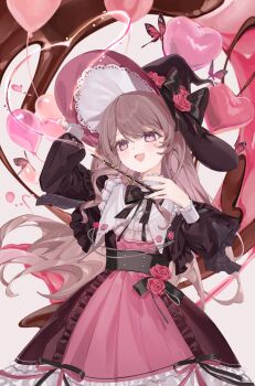 1girl absurdres amam_fuka_(vtuber) balloon black_bow black_bowtie bow bowtie brown_dress brown_hair brown_hat commentary commission dress flower hat hat_bow heart_balloon highres holding holding_wand indie_virtual_youtuber long_hair long_sleeves magic multicolored_dress open_mouth pink_dress pink_eyes red_flower red_rose roena rose skeb_commission solo symbol-only_commentary virtual_youtuber wand white_wrist_cuffs witch witch_hat wrist_cuffs