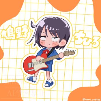 1girl ball_hands black_eyes black_hair blazer blue_jacket blue_sandals blue_skirt blush bright_pupils character_name chibi chibi_only collared_shirt commentary_request electric_guitar fender_telecaster fretless_guitar fretless_instrument full_body futsuu_no_keion-bu grid_background guitar guitar_strap hatono_chihiro holding holding_guitar holding_instrument instrument jacket kotori_yu0430 lapels long_sleeves neck_ribbon notched_lapels outline pleated_skirt red_ribbon ribbon sandals sanpaku school_uniform shirt side_ahoge skirt slides smile socks solo standing twitter_username v-shaped_eyebrows watermark white_outline white_pupils white_shirt white_socks wing_collar winter_uniform