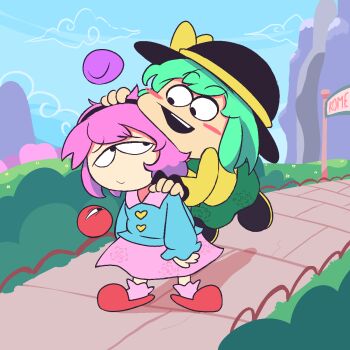 2girls :d black_headwear blue_shirt blue_sky bow buttons chibi cloud eyeball floating frilled_sleeves frills grass green_hair green_skirt hairband hand_on_another's_head hand_on_another's_shoulder hat hat_bow hat_ribbon headpat heart heart_button highres hug komeiji_koishi komeiji_satori levitation looking_at_another looking_up mountain multiple_girls open_mouth outdoors path pink_hair pink_skirt quarium ribbon road shirt siblings sign sisters skirt sky smile sr_pelo_(style) teeth third_eye touhou upper_teeth_only yellow_bow yellow_ribbon yellow_shirt