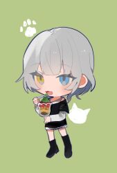 Rule 34 | 1girl, bang dream!, bang dream! it&#039;s mygo!!!!!, black footwear, black shirt, blue eyes, boots, commentary, e9 (reve0126), eating, food, full body, green background, hashtag-only commentary, heterochromia, holding, holding food, holding spoon, ice cream, kaname raana, layered sleeves, long sleeves, medium hair, open mouth, paw print, shirt, short over long sleeves, short sleeves, simple background, solo, spoon, sundae, white hair, white shirt, yellow eyes