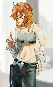 1girl breasts medium_breasts navel open_fly orange_hair pants piercing rintouru_2 sports_bra tagme toned underwear