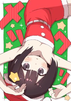 1girl armpits arms_up belt belt_buckle black_eyes black_hair border breasts buckle christmas cleavage cowboy_shot dokan_(dkn) dress fur-trimmed_headwear fur_trim green_background hair_ornament hat highres looking_at_viewer merry_christmas original outside_border parted_lips pencil_dress red_dress red_hat santa_costume santa_hat short_hair small_breasts solo sparkle star_(symbol) star_hair_ornament star_hair_ornament_girl_(dokan_(dkn)) strapless strapless_dress swimsuit white_belt white_border