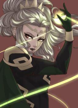 1girl black_eyeshadow black_lips breasts circlet eyeshadow fire_emblem fire_emblem_heroes gold_circlet grey_hair high_ponytail letizia_(fire_emblem) lipstick looking_at_viewer makeup medium_breasts nintendo ponytail saltylemonjuice solo