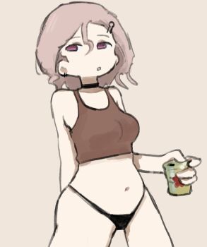 Rule 34 | alcohol, belly, bottomless, breasts, cleavage, crop top, highres, large breasts, midriff, mogawa (shimeji simulation), navel, panties, pink eyes, pink hair, shimeji simulation, squidmiku , tank top, underwear