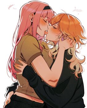 2girls absurdres alternate_costume amlichan black_hairband black_sweater blush breasts closed_eyes commentary ear_piercing earrings english_commentary feather_earrings feathers freckles french_kiss from_side green_nails green_shirt hairband half-closed_eye hand_on_another&#039;s_head hand_on_another&#039;s_waist highres hololive hololive_english jewelry kiss large_breasts long_hair long_sleeves midriff_peek mori_calliope multiple_girls nail_polish open_mouth orange_hair piercing pink_eyes pink_hair profile shirt short_sleeves simple_background sleeves_past_wrists sweat sweater t-shirt takanashi_kiara tongue tongue_out upper_body very_long_fingernails virtual_youtuber white_background yuri