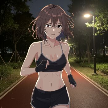 1girl absurdres brown_eyes brown_hair female_focus gloves highres ibispaint_(medium) jogging medium_hair navel night original running short_hair solo sports_bra
