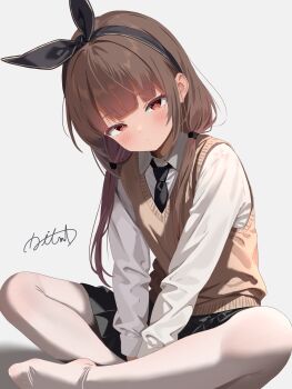 1girl absurdres black_skirt blush bow brown_eyes brown_hair brown_vest hair_bow hairband highres ikuma_yamashita indian_style necktie original pantyhose school_uniform signature sitting skirt vest white_background white_pantyhose