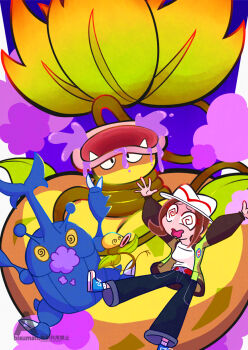 Rule 34 | 1girl, @ @, acid, arms up, bellsprout, belt, blue shoes, brown hair, commentary, denim, dizzy, english commentary, eyelashes, fangs, foaming at the mouth, gas, gen 1 pokemon, gen 2 pokemon, green jacket, harmony (pokemon), hat, heracross, highres, jacket, jeans, leaf, long sleeves, mega pokemon, mega victreebel, nintendo, open clothes, open jacket, open mouth, pants, pink lips, plant, pokemon, pokemon (creature), pokemon legends: z-a, red belt, shirt, shoelaces, shoes, smile, spiral-only eyes, toon (style), user rexr5585, victreebel, vines, wavy mouth, white hat, white shirt