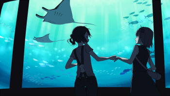 Rule 34 | 2girls, aquarium, backlighting, bag, closed eyes, commentary, dress, from behind, hair ornament, hairclip, holding hands, kuraue hinata, manta ray, medium hair, multiple girls, outdoors, parallel hairclips, shirt, short hair, short sleeves, sleeveless, sleeveless dress, suspenders, t-shirt, twintails, yama no susume, yukimura aoi, yukitake (bullfalk), yuri