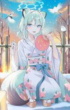 1girl absurdres animal_ear_fluff animal_ears aqua_hair blue_archive blue_halo commentary extra_ears floral_print floral_print_kimono halo hand_fan highres holding holding_fan holding_paper japanese_clothes kimono low_ponytail obi paper platform_sandals ponytail print_kimono purple_eyes sandals sash shigure_(blue_archive) short_hair short_ponytail sidelocks solo squatting symbol-only_commentary tabi tail weasel_ears weasel_girl weasel_tail white_kimono white_sash yagen_(user_mxur3238)