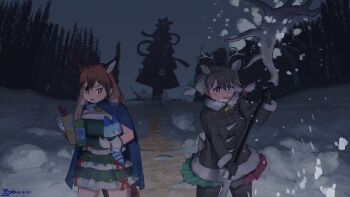 2girls animal_ears antlers bell blue_cape brown_coat brown_gloves brown_hair brown_pantyhose cape christmas christmas_tree coat commentary deer_ears deer_tail dress extra_ears fox_ears fox_girl fox_tail fur_collar fur_trim gloves gradient_clothes gradient_skirt green_dress green_eyes green_skirt grey_hair heterochromia highres horns imnim_leef kemono_friends long_hair long_sleeves lucky_beast_(kemono_friends) map multicolored_hair multiple_girls neck_bell official_alternate_costume orange_eyes orange_hair pantyhose pleated_skirt red_eyes red_fox_(kemono_friends) red_hair red_skirt reindeer_(kemono_friends) reindeer_antlers reindeer_girl skirt sleeveless snow sweatdrop symbol-only_commentary tail twintails weapon white_fur white_gloves winter_clothes winter_coat