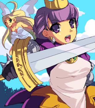 2girls arlia atlus blonde_hair blunt_bangs braid cloud crown day dress earrings enoo fairy gloves gradriel gradriel_de_valendia green_eyes happy jaggy_lines jewelry long_hair lowres multiple_girls oekaki one_eye_closed open_mouth princess_crown purple_eyes purple_hair short_hair size_difference sky smile spikes sword weapon wings wink