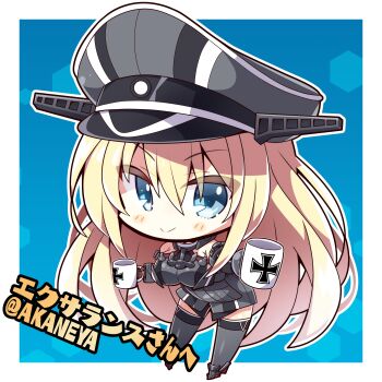 1girl absurdres akaneya bismarck_(kancolle) blonde_hair blue_background blue_eyes blush breasts chibi cross cup elbow_gloves full_body gloves hair_between_eyes hat highres holding holding_cup iron_cross kantai_collection large_breasts leaning_forward long_hair military military_hat military_uniform mug peaked_cap second-party_source smile solo standing thighhighs twitter_username very_long_hair