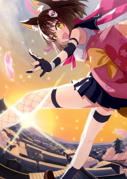 1girl :d animal_ear_fluff animal_ears asymmetrical_legwear backlighting black_gloves black_sailor_collar black_skirt blue_archive breasts brown_hair cherry_blossom_print commentary dynamic_pose eyeshadow fang feet_out_of_frame floral_print fox_ears fox_girl fox_hair_ornament gloves hair_between_eyes hair_intakes halo happy highres izuna_(blue_archive) japanese_clothes kimono looking_at_viewer looking_back makeup medium_breasts medium_hair menchi-men miniskirt mismatched_legwear ninja open_mouth outdoors partially_fingerless_gloves pink_halo pink_kimono pink_scarf pleated_skirt print_kimono red_eyeshadow sailor_collar scarf school_uniform serafuku skin_fang skirt sky smile standing sunrise thigh_strap yellow_eyes yellow_sky