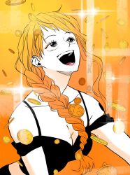 Rule 34 | 1girl, black shirt, braid, braided ponytail, coin, eyelashes, eyeliner, glint, happy, highres, korean commentary, long hair, looking up, makeup, nami (one piece), one piece, open mouth, orange background, orange eyeliner, orange hair, seseasl, shirt, side ponytail, smile, solo, upper body
