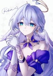 Rule 34 | 1girl, aqua eyes, asymmetrical gloves, bare shoulders, bead bracelet, beads, bracelet, character name, closed mouth, detached collar, detached sleeves, earrings, gloves, hair between eyes, halo, head wings, highres, honkai: star rail, honkai (series), jewelry, long hair, looking at viewer, mochiumai29, own hands together, purple hair, robin (honkai: star rail), short sleeves, signature, simple background, smile, twitter username, uneven gloves, white gloves, white wings, wings