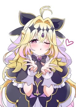 antenna_hair black_capelet black_dress blonde_hair blowing_kiss blush brooch capelet commentary_request cure_arcana_shadow diamond_hairband dress frilled_capelet frilled_cuffs frills gradient_hair hair_intakes heart heart_brooch highres jewelry leaf leaning_forward long_hair magical_girl meitantei_precure! moria_luluka multicolored_hair one_eye_closed otama_(otama_ladle23) pink_hair precure purple_veil purple_wrist_cuffs veil very_long_hair wrist_cuffs