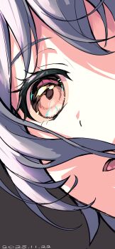 1girl absurdres bang_dream! bang_dream!_it&#039;s_mygo!!!!! brown_eyes close-up commentary dated grey_background grey_hair highres nobusawa_osamu open_mouth short_hair simple_background solo takamatsu_tomori