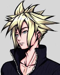 Rule 34 | 1boy, blonde hair, blue eyes, cloud strife, ear piercing, final fantasy, final fantasy vii, final fantasy vii advent children, grey background, lummypixith, male focus, piercing, simple background, spiked hair, thick outlines, upper body