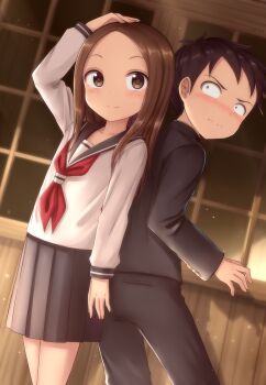 Rule 34 | 1boy, 1girl, absurdres, arm up, black jacket, black pants, black sailor collar, blue skirt, blush, brown eyes, brown hair, closed mouth, commentary request, cowboy shot, forehead, hand on own head, highres, jacket, karakai jouzu no takagi-san, long hair, long sleeves, looking at another, looking to the side, neckerchief, nishikata, pants, red neckerchief, sailor collar, school uniform, serafuku, shirt, short hair, skirt, skywalker0610, smile, standing, takagi-san, wavy mouth, white shirt, window