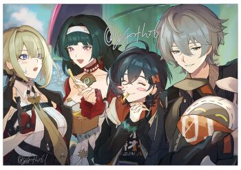 1boy 1other 3girls arm_strap astra_yao bandana bangboo_(zenless_zone_zero) belle_(zenless_zone_zero) black_coat black_hair black_shirt blonde_hair blue_hair blue_jacket blue_sky blush bracelet brother_and_sister chest_harness closed_eyes closed_mouth coat coat_on_shoulders dress earrings eating eous_(zenless_zone_zero) evelyn_chevalier food gloves grey_hair hair_between_eyes hair_ornament hair_up hairband half_gloves harness holding hollow_(zenless_zone_zero) jacket jackets jewelry letter_hair_ornament long_hair looking_at_another looking_down multiple_girls necklace necktie orange_bandana own_hands_together pearl_necklace purple_eyes red_jacket red_shrug ring_hair_ornament see-through_clothes shirt short_hair shrug_(clothing) siblings single_half_glove sky sleeveless sleeveless_jacket smile suitchi_(gn4othi61) sweatdrop tight_clothes twitter_username uneven_bangs upper_body white_dress white_hairband white_shirt wise_(zenless_zone_zero) yellow_necktie zenless_zone_zero zipper zipper_pull_tab