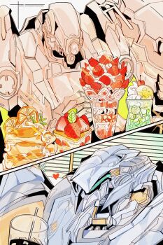 armored_core armored_core_vi:_fires_of_rubicon cake cup drenched-in-sunlight drinking_straw food fruit heart highres loader_4 mecha mecha_focus no_humans one-eyed orange_(fruit) parfait robot science_fiction steel_haze strawberry upper_body whipped_cream