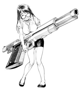 1girl amt_automag automag breasts closed_eyes commentary dress_shirt electric_niw english_commentary full_body greyscale gun handgun holding holding_gun holding_weapon huge_weapon long_hair miniskirt monochrome open_mouth original pencil_skirt shirt shoes short_sleeves simple_background skirt solo standing sweatdrop weapon