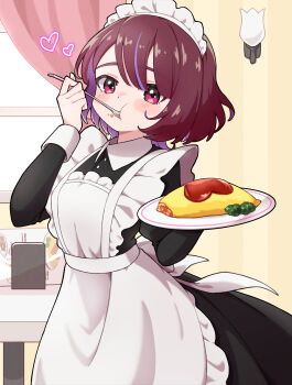 1girl absurdres apron blush brown_hair collared_dress colored_inner_hair commentary_request curtains dress eating food food_on_face heart highres holding holding_plate holding_spoon indoors long_sleeves maid maid_headdress multicolored_hair nokino_(nokinokin0) omelet omurice original plate purple_hair red_eyes short_hair solo spoon streaked_hair striped_wall table utensil_in_mouth wall_lamp window
