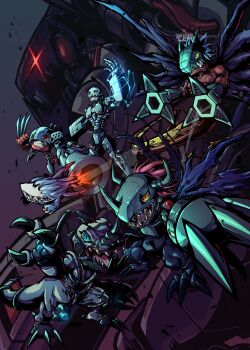 andromon arm_cannon blue_eyes claw_(weapon) cyborg digimon digimon_(creature) dinosaur dragon evolutionary_line glowing glowing_eye grey_hair group_picture highres mechanical_arms megadramon metalgreymon_(virus) metalmamemon metaltyranomon mugendramon non-humanoid_robot red_eyes red_hair ridgeone robot robot_dragon sharp_teeth single_mechanical_arm teeth torn_wings weapon wings yellow_eyes