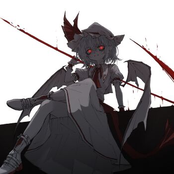 1girl absurdres aizettonagi ascot bat_wings collared_shirt crossed_legs fingernails glowing glowing_eyes hair_between_eyes hat hat_ribbon highres holding holding_polearm holding_weapon mob_cap pointy_ears polearm puffy_short_sleeves puffy_sleeves red_ascot red_eyes red_nails red_ribbon remilia_scarlet ribbon sharp_fingernails shirt shoes short_hair short_sleeves sitting skirt solo touhou weapon white_shoes wings wrist_cuffs