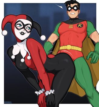 1boy 1girl afrobull artist_name ass ass_shake batman:_the_animated_series batman_(series) belt bent_over black_bodysuit black_hair black_lips blue_eyes blush bodysuit breasts cape clown_girl dc_comics dcau dick_grayson domino_mask eye_mask gloves green_gloves harley_quinn harley_quinn_(classic) hat highres jester_cap makeup mask medium_breasts multicolored_bodysuit older_female_and_younger_male red_bodysuit robin_(dc) short_hair simple_background smile superhero_costume two-tone_bodysuit two-tone_cape two-tone_hat white_facepaint