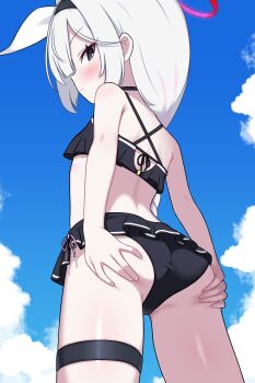 1girl absurdres alternate_costume ass ass_support bikini bikini_skirt black_bikini black_eyes black_hairband blue_archive blue_sky blush bow braid braided_ponytail closed_mouth cloud commentary criss-cross_back-straps hair_bow hairband halo hand_on_own_ass highres loli long_hair looking_at_viewer multicolored_hair paid_reward_available pink_hair plana_(blue_archive) red_halo red_pupils sky solo streaked_hair swimsuit thigh_strap two-tone_hair variant_set white_bow white_hair zing_(z_z_zing)