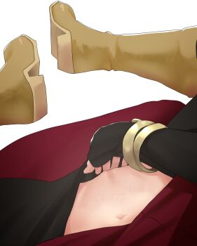 1girl absurdres black_gloves boots bracelet commentary elbow_gloves english_commentary female_masturbation female_pov fingering fingerless_gloves fire_emblem fire_emblem:_radiant_dawn gloves head_out_of_frame highres jewelry legs_up masturbation micaiah_(fire_emblem) navel nintendo no_panties pantyhose pomelomelon pov pussy red_skirt simple_background skirt solo uncensored white_background yellow_boots