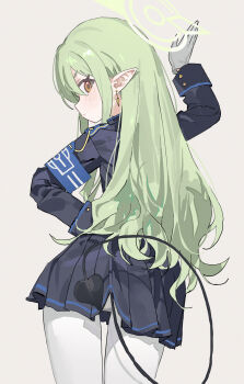 1girl arm_up armband ass black_jacket black_skirt black_tail blue_archive blue_armband brown_eyes closed_mouth demon_girl demon_tail earrings from_behind gloves green_hair green_halo grey_background halo highres hikari_(blue_archive) jacket jewelry long_hair long_sleeves looking_at_viewer looking_back measho miniskirt pantyhose pleated_skirt pointy_ears simple_background skirt solo tail wavy_hair white_gloves white_pantyhose