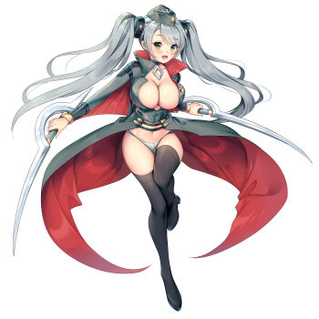 Rule 34 | 1girl, absurdres, blush, breasts, cleavage, dual wielding, green eyes, hat, highres, holding, large breasts, lebachqui126, long hair, looking at viewer, open mouth, panties, senran kagura, senran kagura new wave, smile, solo, sword, thighhighs, tsubame (senran kagura), twintails, underwear, weapon