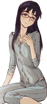 1girl absurdres expressionless feason flcl glasses green_eyes highres long_hair looking_at_viewer ninamori_eri pajamas purple_hair sitting solo unbuttoned white_background