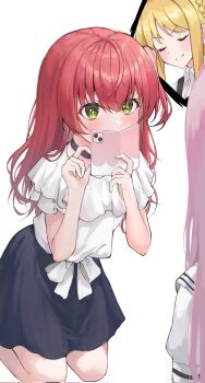 +_+ 3girls black_choker black_skirt blonde_hair blush bocchi_the_rock! cellphone choker closed_eyes closed_mouth commentary corrupted_twitter_file eyes_visible_through_hair feet_out_of_frame felicia8 frilled_shirt frills furrowed_brow gotoh_hitori green_eyes hair_between_eyes hands_up highres holding holding_phone ijichi_nijika kita_ikuyo kneeling long_hair looking_at_another multiple_girls one_side_up phone pink_hair red_hair shirt sidelocks simple_background skirt smartphone smile smug solo_focus spoken_character straight_hair taking_picture v-shaped_eyebrows white_background white_shirt