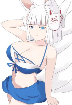 animal_ears azur_lane blue_eyes breasts commentary covered_erect_nipples fox_ears fox_girl fox_tail highres kaga_(azur_lane) kaga_(everlasting_killing_stone)_(azur_lane) large_breasts multiple_tails padorox swimsuit tail untranslatable_commentary white_hair