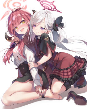 2girls :d aru_(blue_archive) barefoot blue_archive blush breasts fang feet from_behind hair_ornament halo horns large_breasts long_hair multiple_girls mutsuki_(blue_archive) open_mouth purple_eyes red_hair school_uniform side_ponytail simple_background sitting smile tears tomose_shunsaku tongue tongue_out white_background