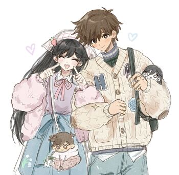 1boy 1girl antenna_hair bag black_hair blue_pants blue_shorts blush bright_pupils brown_hair cardigan character_doll closed_eyes closed_mouth commentary denim doll double-parted_bangs ear_piercing hair_between_eyes handbag hashtag-only_commentary headscarf hero_(birthday)_(omori) hero_(faraway)_(omori) hero_(omori) highres holding holding_stuffed_toy index_finger_raised jacket jeans long_hair looking_at_viewer mari_(birthday)_(omori) mari_(faraway)_(omori) mari_(omori) mari_(spirit)_(omori) official_alternate_costume omori open_clothes open_jacket open_mouth pants piercing pink_jacket pointing pointing_at_self salt_xs2 short_hair shorts simple_background smile something_(omori) stuffed_animal stuffed_toy sweater teeth turtleneck turtleneck_sweater upper_teeth_only white_background white_cardigan white_headscarf white_pupils