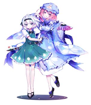 2girls absurdres bare_legs black_bow black_bowtie black_hairband black_shoes blue_bow blue_bowtie blue_hat blue_kimono blue_sash bow bowtie breasts closed_mouth commentary floating_hair floral_print floral_print_kimono flower folded_fan folding_fan footwear_bow frilled_kimono frilled_shirt_collar frilled_skirt frilled_sleeves frills full_body green_skirt green_vest grin hairband hand_fan hat highres hitodama_print holding holding_fan holding_sword holding_weapon japanese_clothes kimono konpaku_youmu large_breasts long_sleeves looking_at_viewer mary_janes mob_cap multiple_girls no_nose pink_eyes pink_hair print_kimono puffy_short_sleeves puffy_sleeves red_flower ribbon-trimmed_collar ribbon_trim saigyouji_yuyuko sash scabbard serious sheath shoes short_hair short_sleeves sia_6767 simple_background skirt skirt_set smile standing standing_on_one_leg sword tiptoes touhou triangular_headpiece unsheathing vest weapon white_background white_hair wide_sleeves