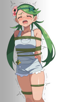 1girl blush closed_eyes collarbone commentary_request eyelashes flower green_hair grey_background grey_overalls hair_flower hair_ornament highres long_hair mallow_(pokemon) nintendo open_mouth overalls pink_flower plant pokemon pokemon_sm purin_(pepeperonn) raised_eyebrows restrained revision solo swept_bangs teeth tongue trembling twintails upper_teeth_only vines