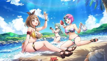 Rule 34 | 3girls, :d, :o, armband, atelier (series), atelier ryza, beach, bikini, bird, blue eyes, bob cut, breasts, brown eyes, brown hair, brown ribbon, bucket, cleavage, cross-laced bikini, cross-laced clothes, day, diagonal bangs, dolphin wave, eyewear on head, game cg, green hair, groin, hair ornament, hair ribbon, hairclip, helly lewis, hermit crab, high heel sandals, highres, holding, holding bucket, holding trowel, kishimen hair, kneeling, large breasts, layered bikini, looking at another, looking at object, medium breasts, multicolored bikini, multicolored hair, multiple girls, nail polish, navel, non-web source, o-ring, o-ring bikini, ocean, official art, ootomo takuji, open mouth, palm tree, pink hair, reisalin stout, ribbon, sandals, sea urchin, seagull, seashell, selena lewis, self-datamine, shell, short hair, sitting, skindentation, smile, sparkle, starfish, strapless, strapless bikini, sunglasses, sunlight, swimsuit, teeth, thick thighs, thigh strap, thighs, tree, trowel, two-tone hair, upper teeth only, wading, wariza, white bikini, yellow bikini, yellow eyes