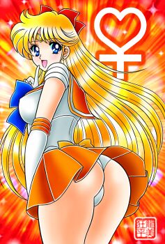 1girl aino_minako ass back_bow bishoujo_senshi_sailor_moon blonde_hair blue_bow blue_bowtie blue_eyes bow bowtie cameltoe choker clothes_lift earrings elbow_gloves gloves highres jewelry long_hair orange_choker orange_sailor_collar orange_skirt pleated_skirt red_bow sailor_collar sailor_senshi_uniform sailor_venus shirt skirt skirt_lift solo tatsumi_kyouhei venus_symbol white_gloves white_shirt yellow_bow