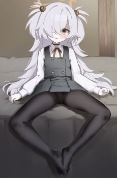 1girl absurdres black_pantyhose blue_archive blush brown_eyes brown_halo brown_ribbon buttons collared_shirt crotch_seam diagonal-striped_ribbon dress eyeball_hair_ornament feet file_mei_naraku green_dress grey_hair hair_between_eyes hair_over_one_eye halo highres indoors kanoe_(blue_archive) knees_apart_feet_together loli long_hair long_sleeves looking_at_viewer neck_ribbon no_nose no_shoes on_bed one_eye_covered open_mouth panties panties_under_pantyhose pantyhose pinafore_dress ribbon scar scar_on_neck shaded_face shirt sitting sleeveless sleeveless_dress smile solo spread_legs thighband_pantyhose thighs toes two_side_up underwear very_long_hair white_shirt