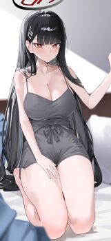 Rule 34 | 1girl, absurdres, alternate costume, bare arms, bare legs, bare shoulders, barefoot, bed, black hair, black halo, blue archive, blurry, blurry background, breasts, bright pupils, camisole, cleavage, closed mouth, collarbone, commentary request, depth of field, fingernails, grey camisole, grey shorts, hair behind ear, hair ornament, hairclip, halo, hand on own thigh, hand up, high-waist shorts, highres, indoors, kneeling, korean commentary, large breasts, light blush, long hair, looking at viewer, loungewear, on bed, pillow, red eyes, ringed eyes, rio (blue archive), seueo, shirt partially tucked in, shorts, sidelocks, smile, solo, very long hair, white pupils